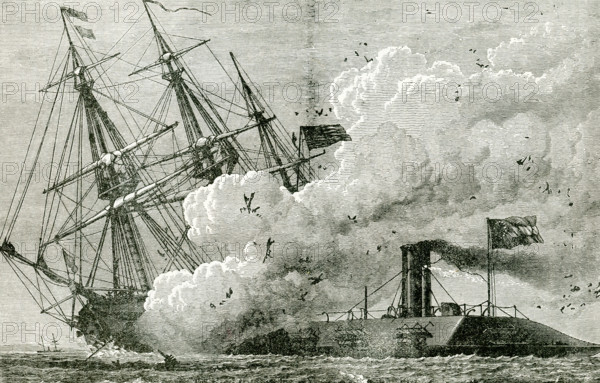 The USS Cumberland was sunk by the CSS Virginia, formerly the USS Merrimack, on March 8, 1862 during the American Civil War. The sinking occurred off Newport News, Virginia, and was a demonstration of the ironclad's superiority in battle. Sailors who have abandoned ship are being rescued by nearby small sailboats and rowboats.