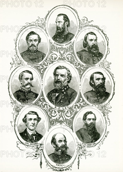 Pictured here are portraits of prominent Confederate generals of the Us Civil War. They are, from left to right, top to bottom: Stonewall Jackson, Beauregard, Longstreet, Breckenridge, R E  Lee,  A F Hill, Colonel Mosby, Fitz Hugh Lee, Ewell.