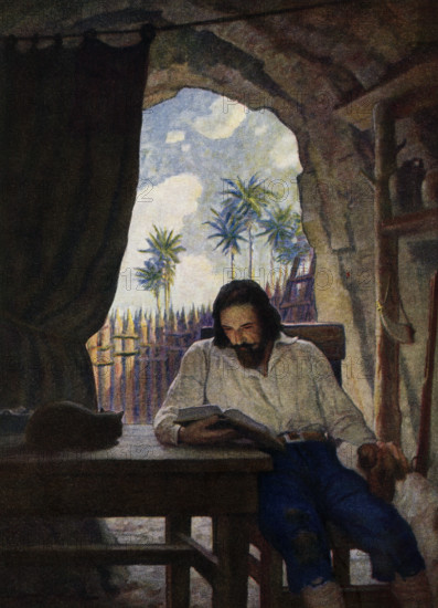 The caption for this image by NC Wyeth that accompanies the tale of Robinson Crusoe by Daniel Defoe reads: ' In the morning I took the Bible. and beginning at the New Testament I began seriously to read it.” Robinson Crusoe is a novel written by the English novelist Daniel Defoe and published in 1719. A fictional autobiography,  it tells the tale of an English castaway named  Robinson Crusoe (seen here with his dog and cat) who spent 28 years on a remote tropical island near Venezuela before he was rescued.  Newell Convers Wyeth, known as N. C. Wyeth, was an American artist and illustrator. He was the pupil of artist Howard Pyle and became one of America's greatest illustrators.