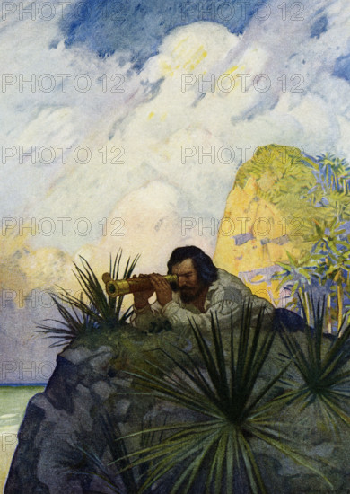 The caption for this image by NC Wyeth that accompanies the tale of Robinson Crusoe by Daniel Defoe reads: ' I laid me down flat on my belly on the ground and began to look for the place.” Robinson Crusoe is a novel written by the English novelist Daniel Defoe and published in 1719. A fictional autobiography,  it tells the tale of an English castaway named  Robinson Crusoe (seen here on cliff with spyglass) who spent 28 years on a remote tropical island near Venezuela before he was rescued.  Newell Convers Wyeth, known as N. C. Wyeth, was an American artist and illustrator. He was the pupil of artist Howard Pyle and became one of America's greatest illustrators.