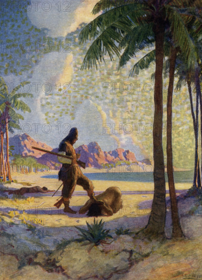 The caption for this image by NC Wyeth that accompanies the tale of Robinson Crusoe by Daniel Defoe reads: ' and then he kneeled down again, kissed the ground, and taking me by the foot, set my foot upon his head.” Robinson Crusoe is a novel written by the English novelist Daniel Defoe and published in 1719. A fictional autobiography,  it tells the tale of an English castaway named  Robinson Crusoe (seen here with Friday) who spent 28 years on a remote tropical island near Venezuela before he was rescued.  Newell Convers Wyeth, known as N. C. Wyeth, was an American artist and illustrator. He was the pupil of artist Howard Pyle and became one of America's greatest illustrators.