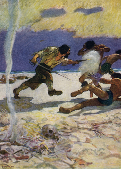 The caption for this image by NC Wyeth that accompanies the tale of Robinson Crusoe by Daniel Defoe reads: 'and no sooner had he the arms in his hands but, as if they had put new vigor into him, he flew upon the murderers like a fury.” Robinson Crusoe is a novel written by the English novelist Daniel Defoe and published in 1719. A fictional autobiography,  it tells the tale of an English castaway named  Robinson Crusoe (seen here fighting with “cannibals”) who spent 28 years on a remote tropical island near Venezuela before he was rescued.  Newell Convers Wyeth, known as N. C. Wyeth, was an American artist and illustrator. He was the pupil of artist Howard Pyle and became one of America's greatest illustrators.