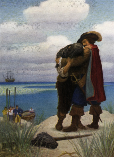 The caption for this image by NC Wyeth that accompanies the tale of Robinson Crusoe by Daniel Defoe reads: ' At first, for some time, I was not able to answer him one word; but as he had taken me in his arms, I held fast by him, or I should have fallen to the ground.” Robinson Crusoe is a novel written by the English novelist Daniel Defoe and published in 1719. A fictional autobiography,  it tells the tale of an English castaway named  Robinson Crusoe (seen here being rescued) who spent 28 years on a remote tropical island near Venezuela before he was rescued.  Newell Convers Wyeth, known as N. C. Wyeth, was an American artist and illustrator. He was the pupil of artist Howard Pyle and became one of America's greatest illustrators.