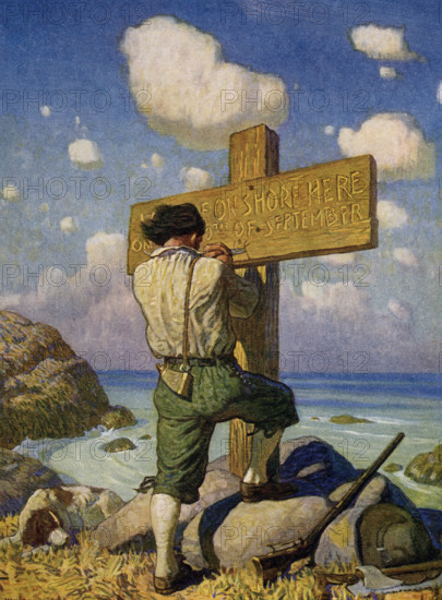 The caption for this image by NC Wyeth that accompanies the tale of Robinson Crusoe by Daniel Defoe reads: 'and making it into a great cross, I set it up on the shore where I first landed.' The captionRobinson Crusoe is a novel written by the English novelist Daniel Defoe and published in 1719. A fictional autobiography,  it tells the tale of an English castaway named  Robinson Crusoe (seen here with his father) who spent 28 years on a remote tropical island near Venezuela before he was rescued.  Newell Convers Wyeth, known as N. C. Wyeth, was an American artist and illustrator. He was the pupil of artist Howard Pyle and became one of America's greatest illustrators.