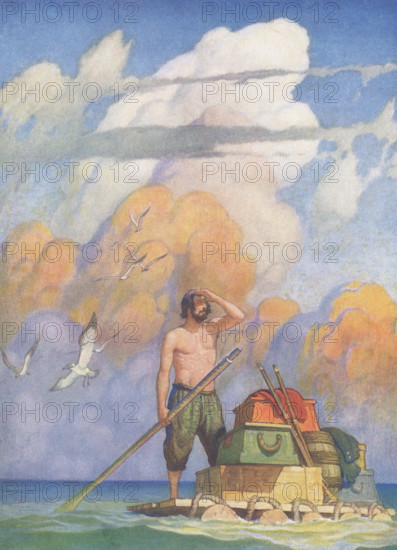 The caption for this 1945 image to accompany Daniel DeFoe's Robinson Crusoe reads: 'For a mile or thereabouts my raft went very well. 'The illustration is by N C Wyeth Robinson Crusoe is a novel written by the English novelist Daniel Defoe and published in 1719. A fictional autobiography,  it tells the tale of an English castaway named  Robinson Crusoe who spent 28 years on a remote tropical island near Venezuela before he was rescued. Robinson Crusoe is a novel written by the English novelist Daniel Defoe and published in 1719. A fictional autobiography,  it tells the tale of an English castaway named  Robinson Crusoe who spent 28 years on a remote tropical island near Venezuela before he was rescued.  Newell Convers Wyeth, known as N. C. Wyeth, was an American artist and illustrator. He was the pupil of artist Howard Pyle and became one of America's greatest illustrators.