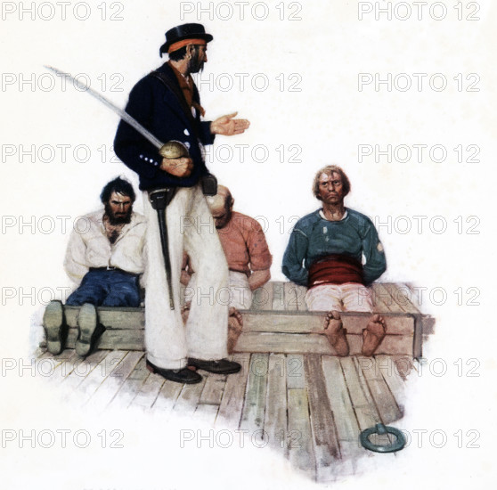 In this image we see Omoo in stovks, along with two shipmates. Omoo or “A Narrative of Adventures in the South Seas,” is a novel by the American novelist Herman Melville. Published in 1847, it was a sequel to Melville’s novel Typee. Based on his own experiences in the South Pacific, this episodic novel, in a more comical vein than that of Typee, tells of the narrator’s participation in a mutiny on a whale ship and his subsequent wanderings in Tahiti with the ship’s former doctor, Long Ghost. Herman Melville (1819-1891) was an American novelist, short story writer, and poet of the American Renaissance period. Among his best-known works are Moby-Dick; Typee (a romanticized account of his experiences in Polynesia), Omoo, and Billy Budd. The illustrator is Mead Schaeffer.