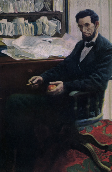 The caption for this image reads: 'Lincoln from painting by Howard Pyle.' Abraham Lincoln was the 16th president of the United States. He served from March 1861 to his assassination on April 15, 1865. Howard Pyle (died 1911) was an American illustrator and author, primarily of books for young people. On February 21, 1861, President-elect Abraham Lincoln arrived in Philadelphia en route to Washington, D.C.. After a 34-gun salute, he rode from the depot in an open carriage pulled by four white horses to the Continental Hotel as anywhere from 100,000 to a quarter of a million people cheered him on. Mrs. Margaret C. Pyle was one of the onlookers, having come up from Wilmington, Delaware, at the invitation of a friend. Some 46 years later, Mrs. Pyle’s son Howard painted this illustration for “Lincoln’s Last Day” by William H. Crook (Harper’s Monthly Magazine, September 1907.