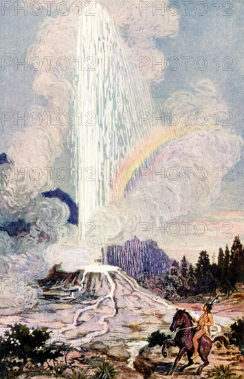 This 1902 illustration shows a geyser. A geyser is a hot spring in which water intermittently boils, sending a tall column of water and steam into the air.