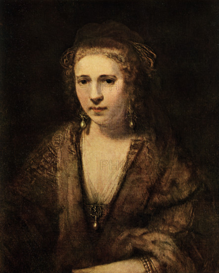 This painting by the Dutch master Rembrandt shows Hendrickie Stoffels, the artist's housekeeper. It is housed in the Louvre. It is life-size. and painted in oil on canvas,measuring 2 ft 4.5 in h  x 1 ft 11.75 in w. The Dutch artist Rembrandt (1606-1669) (full name-Rembrandt Harmenszoon van Rijn) was a Dutch Golden Age painter, printmaker, and draughtsman and of the Dutch School of Amsterdam.  An innovative and prolific master in three media, Rembrandt is generally considered one of the greatest visual artists in the history of art.