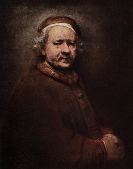 The 1916 caption reads: 'Rembrandt 1606-1669  Dutch school of mnsterdam-Rembrandt in Old Age. National Gallery. Painted about 1659. in oil on canvas. 2 ft 9 in h  x  2 ft 3.5 in w.' The Dutch artist Rembrandt (1606-1669) (full name-Rembrandt Harmenszoon van Rijn) was a Dutch Golden Age painter, printmaker, and draughtsman and of the Dutch School of Amsterdam. Rembrandt painted this one of himself in old age. An innovative and prolific master in three media, Rembrandt is generally considered one of the greatest visual artists in the history of art.