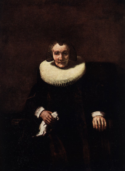 The 1916 caption reads: 'Rembrandt 1606-1669  Dutch school of Ansterdam-Old Lady with the Handkerchief in Black Widow's Cap and White Ruffle. National Gallery  Painted about 1661. in oil on canvas. 4 ft 2.75 in h  x 23 ft 2 in w.' The Dutch artist Rembrandt (1606-1669) (full name-Rembrandt Harmenszoon van Rijn) was a Dutch Golden Age painter, printmaker, and draughtsman and of the Dutch School of Amsterdam. Rembrandt painted this one of himself in old age. An innovative and prolific master in three media, Rembrandt is generally considered one of the greatest visual artists in the history of art.