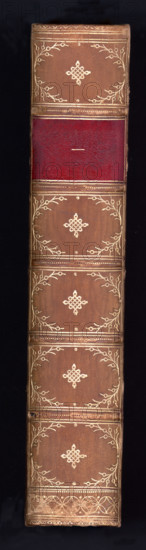 This photo shows tha back binding of a rare leather-bound book that was published in 1877.