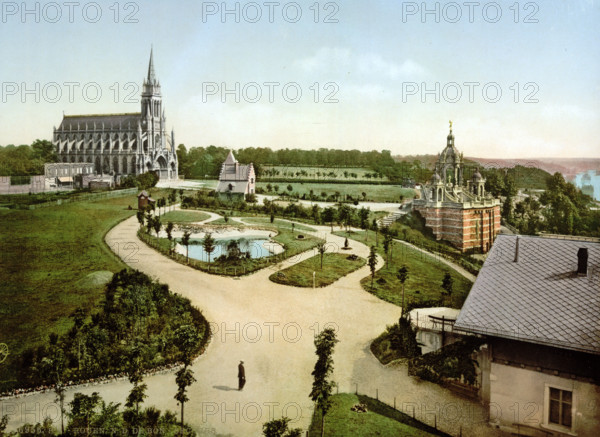 Notre Dame de Bon Secours and Joan of Arc Memorial, Normandy, France, Historical, digitally restored reproduction from a 19th century original.