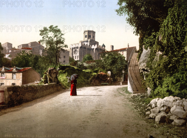 Church and old town, France, Historical, digitally restored reproduction from an original from the 19th century.