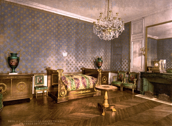 Grand Trianon or Great Trianon is a pleasure palace in the park of the Palace of Versailles near Paris in France, Napoleon's study, France, Historical, digitally restored reproduction of an original from the 19th century.