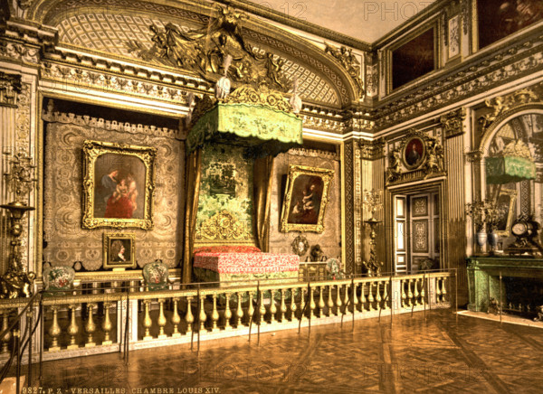 The room of Louis XIV in Versailles, France, historical, digitally restored reproduction from an original from the 19th century.