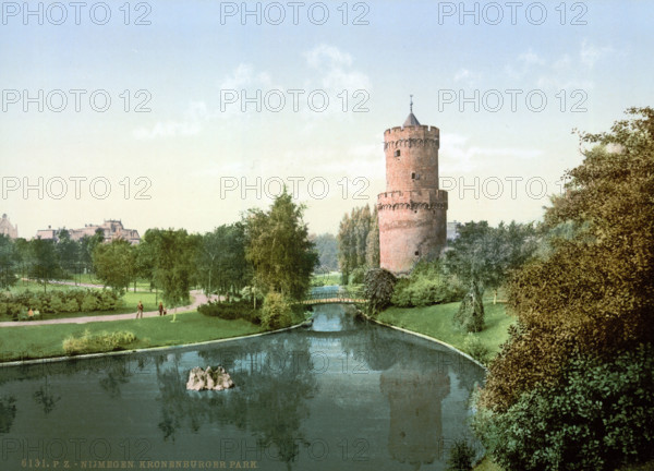 Park on the outskirts of the centre of the Dutch city of Nijmegen, Nimwegen, around 1895, Historical, digitally restored reproduction from an original from the 19th century.