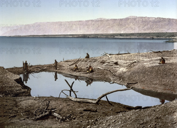 The Dead Sea, Holy Land, West Bank, circa 1895, Historical, digitally restored reproduction from an original from the 19th century.