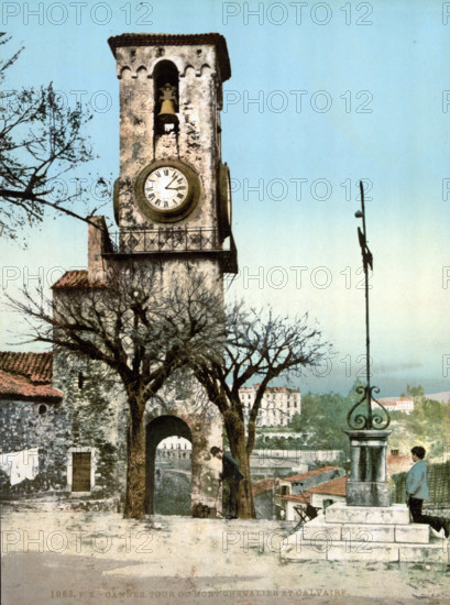 the tower and the Calvary, France, around 1895, Historical, digitally restored reproduction from an original from the 19th century.