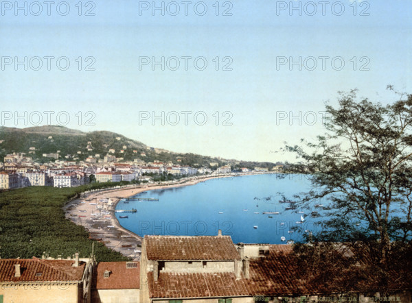 View from Mont Chevalier of Cannes on the Côte d'Azur, France, around 1895, historical, digitally restored reproduction from an original from the 19th century.