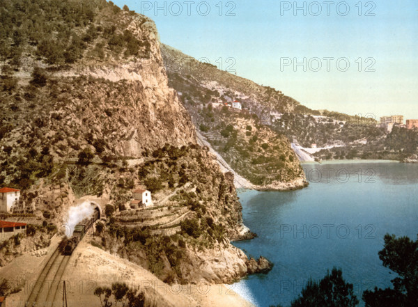 View of the road to La Turbie, Eze and St. Jean, Côte d'Azur, France, circa 1895, Historical, digitally restored reproduction from an original from the 19th century.