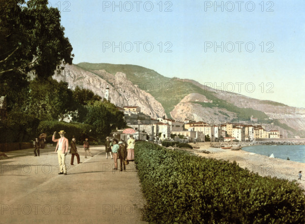 Midday stroll on the promenade, old town of Menton on the Riviera, France, around 1895, historical, digitally restored reproduction from an original from the 19th century.