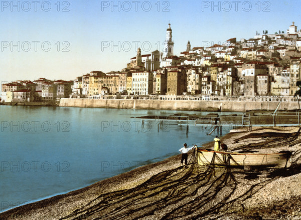 Old town of Menton on the Riviera, France, around 1895, Historical, digitally restored reproduction from an original from the 19th century.