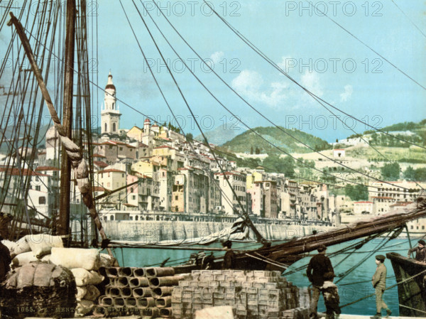 View from the harbor, Menton on the Riviera, France, around 1895, Historical, digitally restored reproduction from an original from the 19th century.