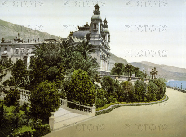 Entrance to the Casino, with Cap Martin, around 1895, Historical, digitally restored reproduction from an original from the 19th century.