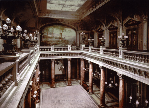 Casino entrance, atrium, circa 1895, historical, digitally restored reproduction from a 19th century original.