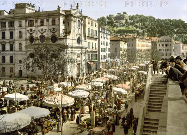 The Market, Nice, France, circa 1895, Historical, digitally restored reproduction from an original from the 19th century.