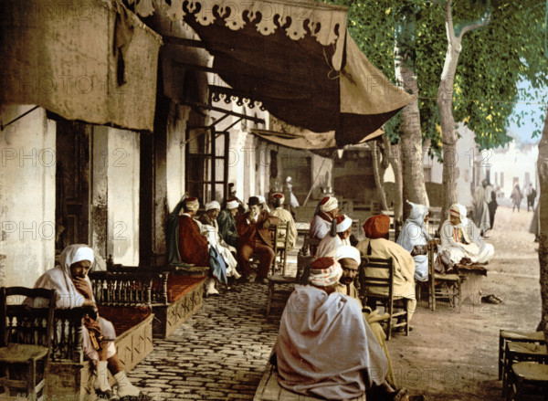 In front of a Moorish cafe in Tunis, Tunisia, around 1895, Historical, digitally restored reproduction from an original from the 19th century.