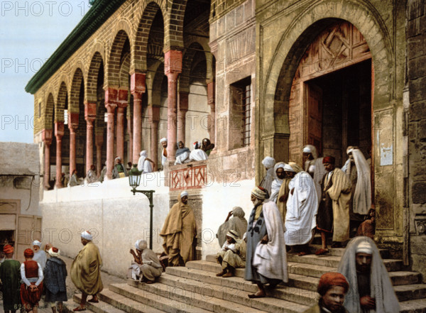 Arabs leaving the mosque, Tunisia, circa 1895, Historical, digitally restored reproduction from an original from the 19th century.