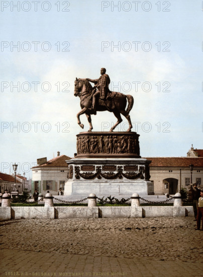 Monument to Prince Michael, Belgrade, Serbia, circa 1895, Historical, digitally restored reproduction from a 19th century original.