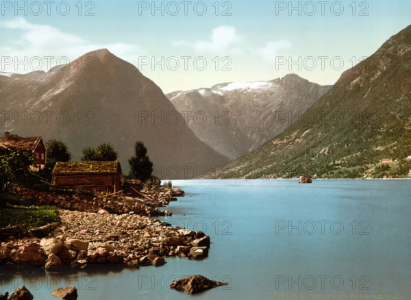 Essefjord near Balholm, Norway, around 1895, Historical, digitally restored reproduction from an original from the 19th century.