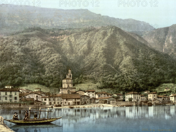 Harbor district, Lake Lugano, Italy, around 1895, Historical, digitally restored reproduction from an original from the 19th century.