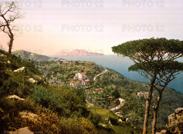 View from Mount Sorrento on the island of Capri, Italy, around 1895, historical, digitally restored reproduction from an original from the 19th century.