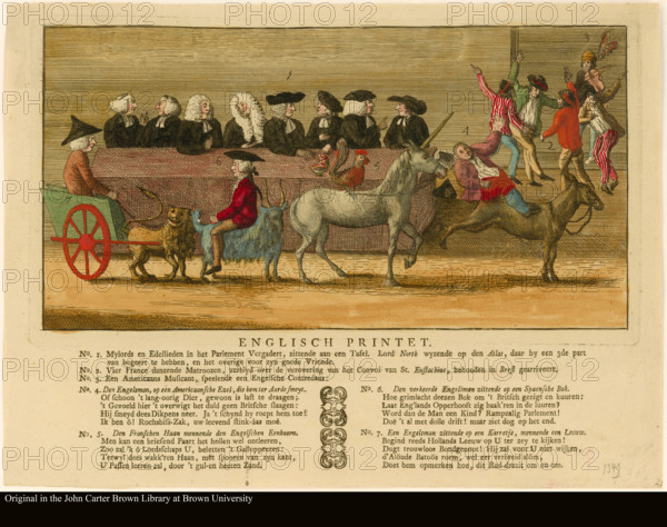 Dutch response to the British capture of a Dutch convoy and the island of St. Eustatius. Imagery includes, America as a donkey throwing off its rider, Britain as a unicorn ridden by a French rooster, Holland as a lion pulling a cart with an Englishman, Parliament, French sailors dancing to a tune played by an American fiddler, Spain as a goat ridden by an Englishman., Historic, digitally restored reproduction from a 19th century original.