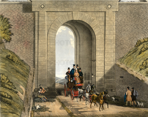 Carriage passing through Highgate Tunnel, 1831, London, England, Historical, digitally restored reproduction from an original from the 19th century.