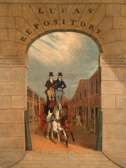 Training a couple to a carriage in Lucas's Yard, Clerkenwell. Date, 1818. , Historical, digitally restored reproduction from an original from the 19th century.