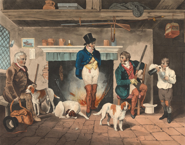 After the hunt, the hunting party with the hunting dogs is in a room, shooting, England, 1822, historical, digitally restored reproduction from an original from the 19th century.