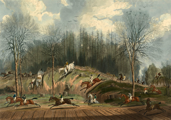 St Albans Grand Steeple Chase on March 8, 1832, a famous cross-country horse race in England from 1830 to 1839, historical, digitally restored reproduction from an original from the 19th century.