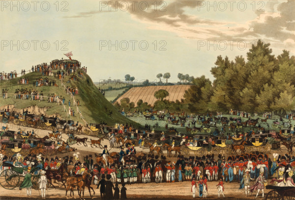 The Ceremony of the Procession to Montem, 1850, England, Historical, digitally restored reproduction from an original from the 19th century.