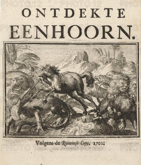 Title page for the pamphlet, The Discovered Unicorn, 1701, Holland, Historical, digitally restored reproduction from an original from the 19th century.