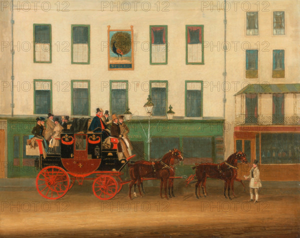 The London-Manchester stagecoach, the ''''Peveril of the Peak'''', in front of the Peacock Inn, Islington, 1835, England, Historical, digitally restored reproduction from an original from the 19th century.