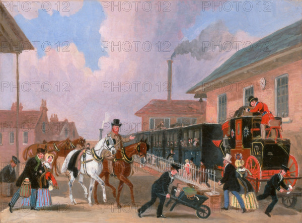 The Royal Mail from Louth to London, en route by train from Peterborough East, Northamptonshire, 9 December 1845, England, Historical, digitally restored reproduction from an original from the 19th century.