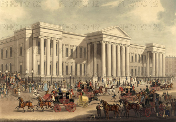 The Royal Mail's stagecoach station at the General Post Office, London, 1830, England, Historical, digitally restored reproduction from an original from the 19th century.