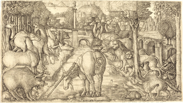 The Unicorn Purifies the Water with its Horn, 1555, Jean Duvet, France, Historical, digitally restored reproduction from an original from the 19th century.