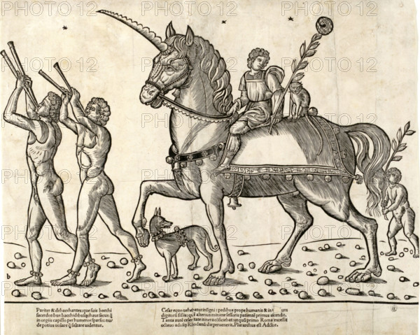 Unicorn. Trumpeters leading Caesar on horseback, from 'The Triumphs of Caesar', 1504, Jacob of Strasbourg, Italy, Historical, digitally restored reproduction from an original from the 19th century.