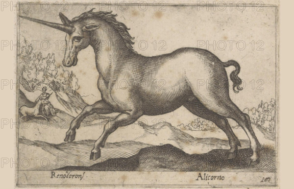 Mythical creature, unicorn, drawing by Antonio Tempesta (1630), Italy, historical, digitally restored reproduction from an original from the 19th century.